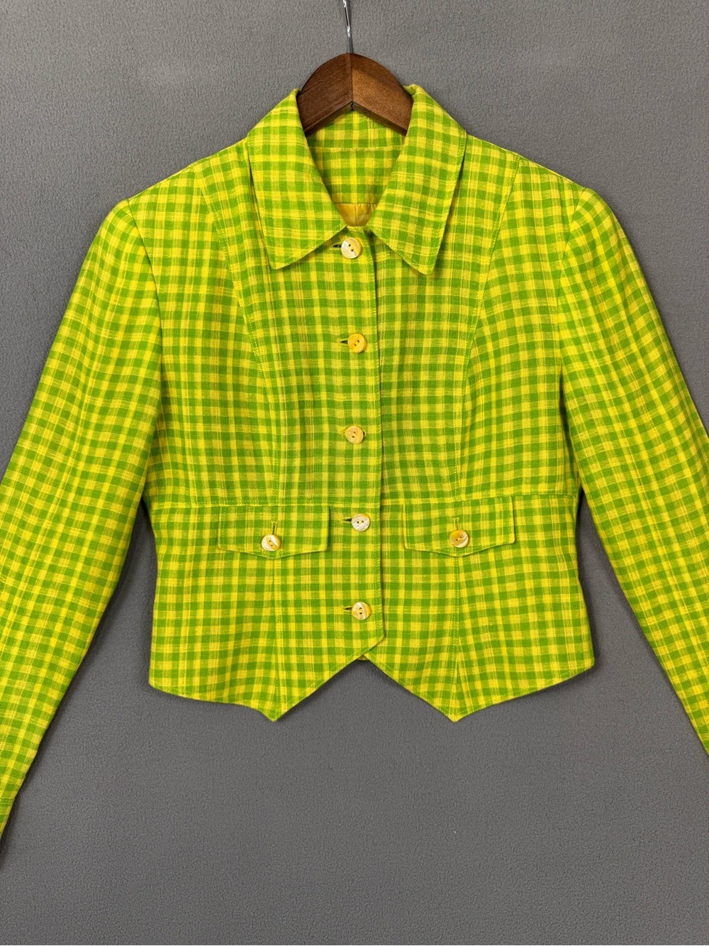Vintage 90’s Dana Buchman Linen Lime Green + Yellow Gingham Blazer Jacket, 4 - Picture 2 of 13